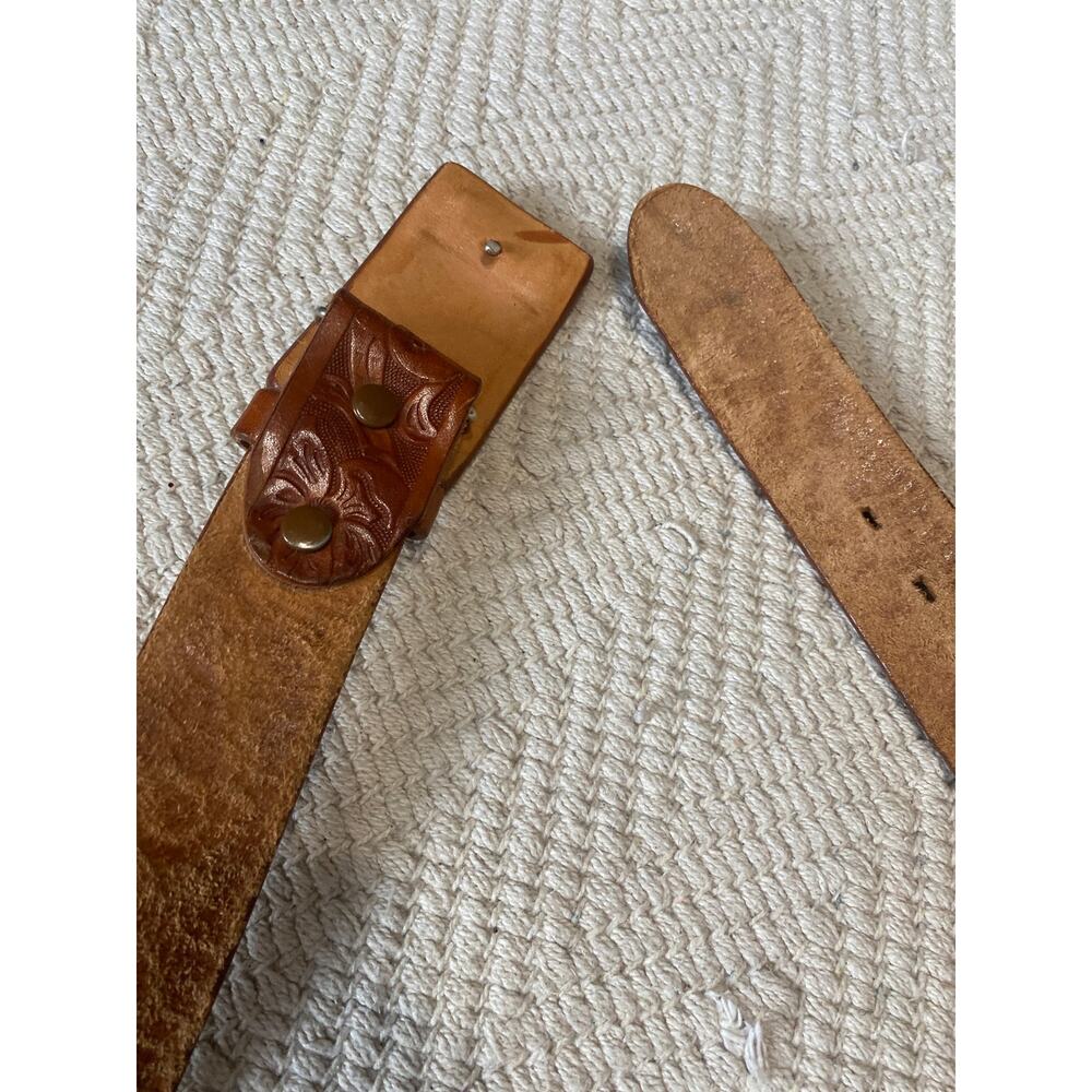 VTG Hand Tooled Leather Belt Size 34 Full Grain Cowhide Sun Face Stamped Unisex - Picture 6 of 12